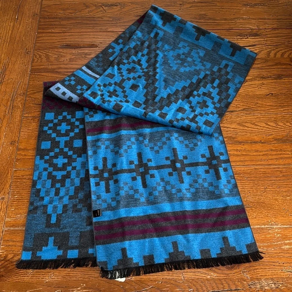Light of Snow NWT Mulberry Silk Scarf Blue Gray Maroon Geometric Print Fringe